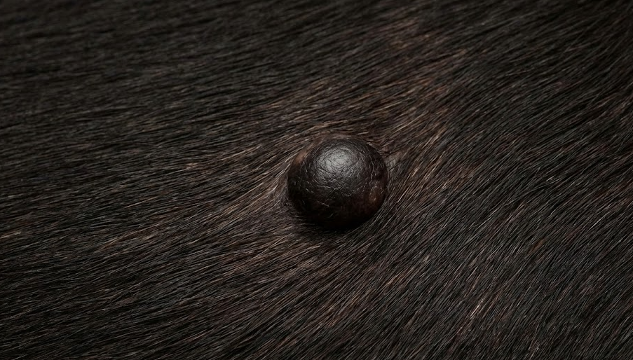 Melanoma cutaneo cane: nodulo nero, liscio e rialzato sulla pelle scura di un cane