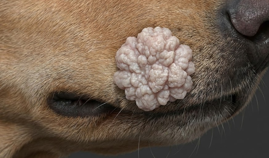 Papilloma cane: primo piano di una verruca virale a forma di cavolfiore sul muso di un cane