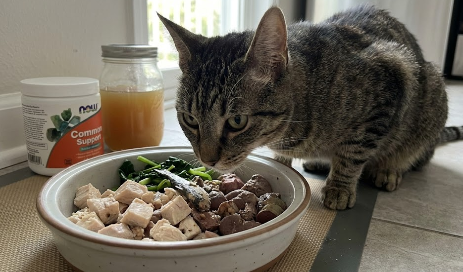 Gatto che mangia dieta casalinga proteica di supporto oncologico