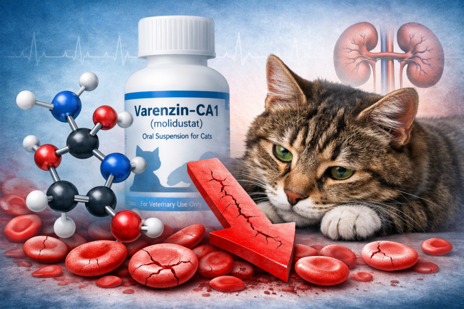 Illustrazione del farmaco Varenzin-CA1 (molidustat) per l’anemia renale nel gatto, con molecola, globuli rossi ridotti e gatto con insufficienza renale cronica